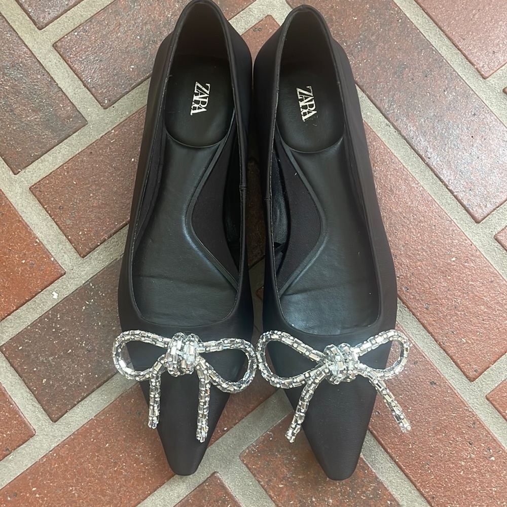 Zara Black Pointed Toe Flats with Silver Crystal Bow